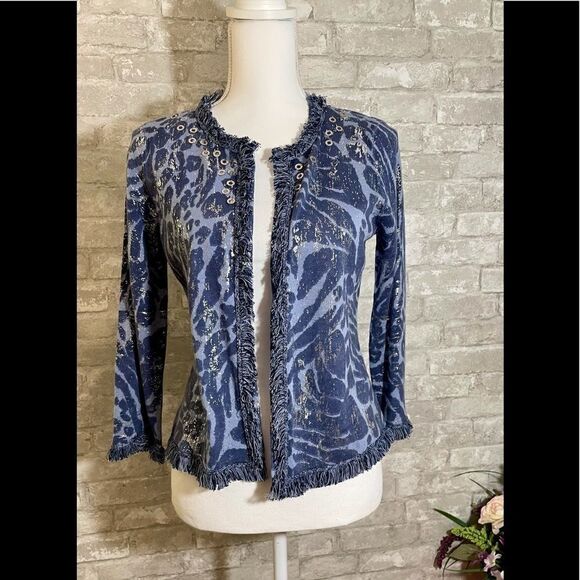 Chicos Foiled Animal Frankie Fringe Cardigan Blue - Picture 1 of 9